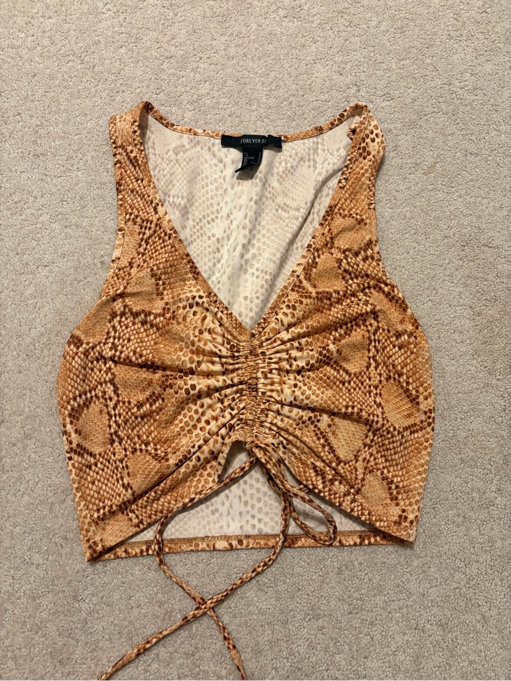 Forever 21 Brown Snake-Print Drawstring V-Neck Crop Top